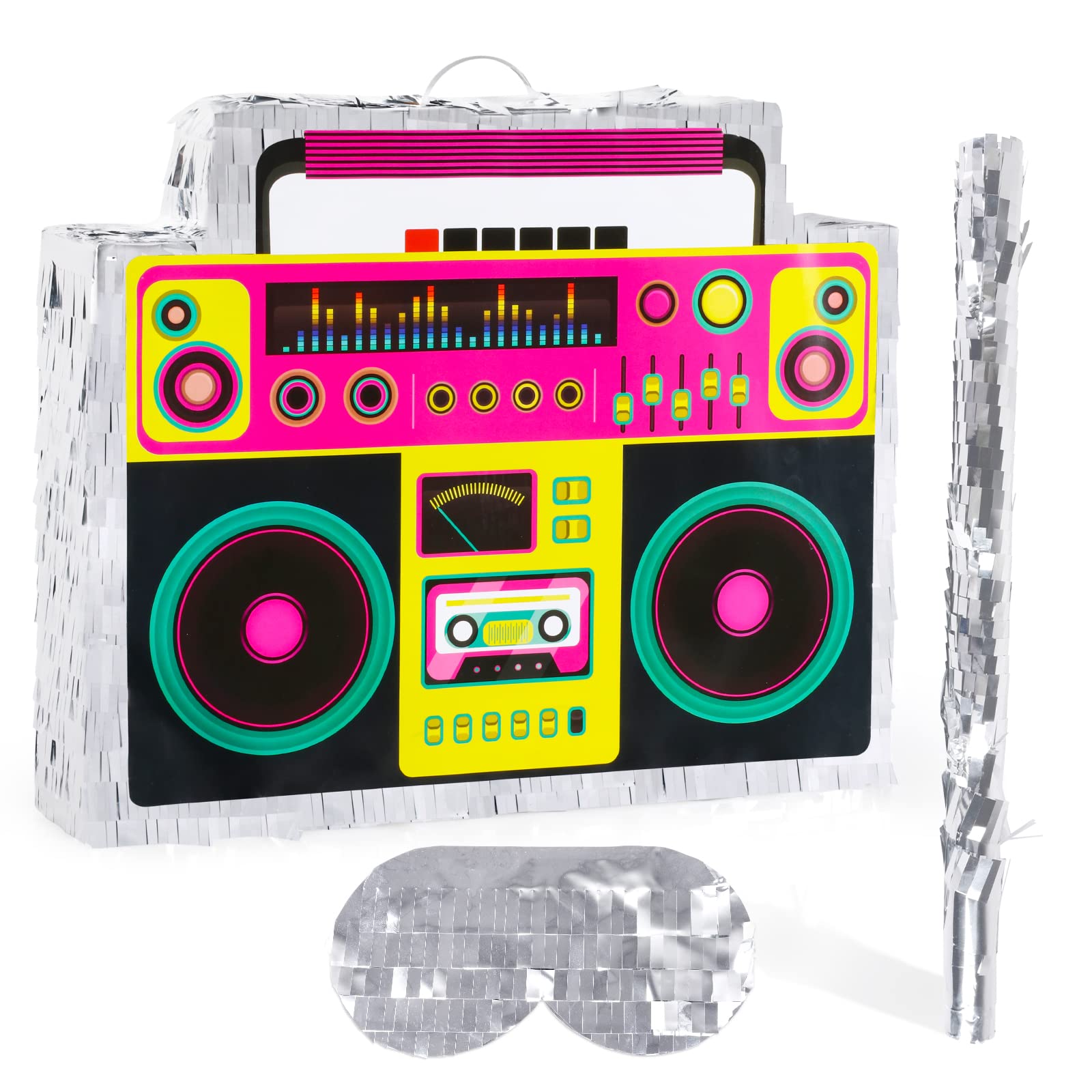 Boombox Pinata with Stick & Hanging Loop Retro 90s Theme Radio Music Mexican Pinata for Birthday Party Games Back to the 80s Par