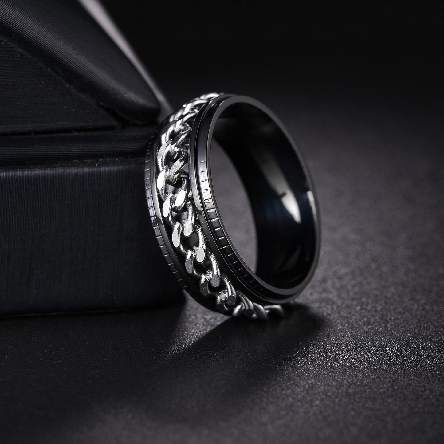 Udolfly Mens Fidget Rings Anxiety Rings For Men Womens Chain Spinner Rings For Adults Titanium Steel Ring Black Silver Size 6