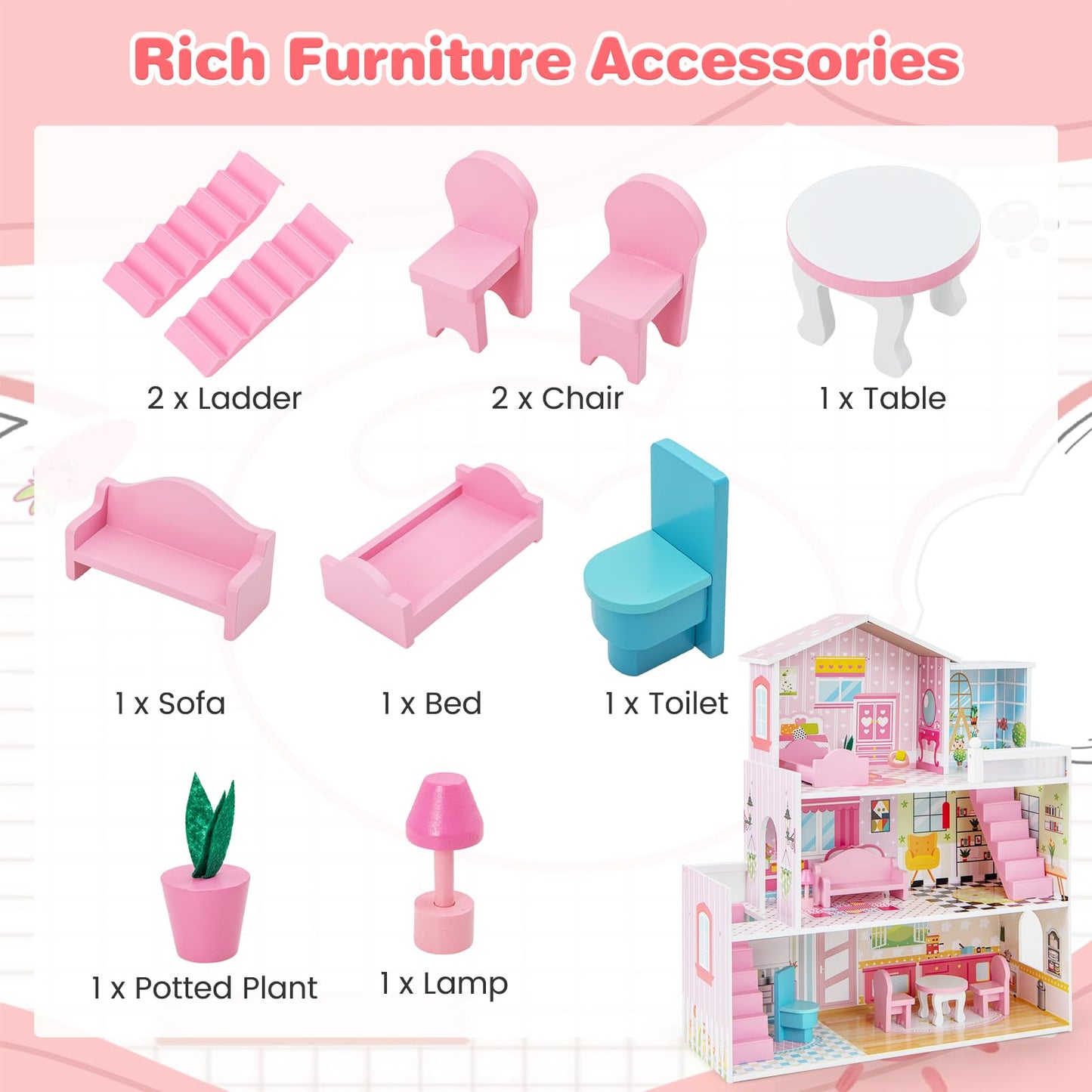 Costzon Wooden Dollhouse For Kids, 3-Story Semi-Open Doll House With 5 Rooms & 10 Pieces Furniture Set, Ladders & Balcony, Preschool Diy Pretend Play Dollhouse Toy, Gift For Girls & Boys Ages 3+
