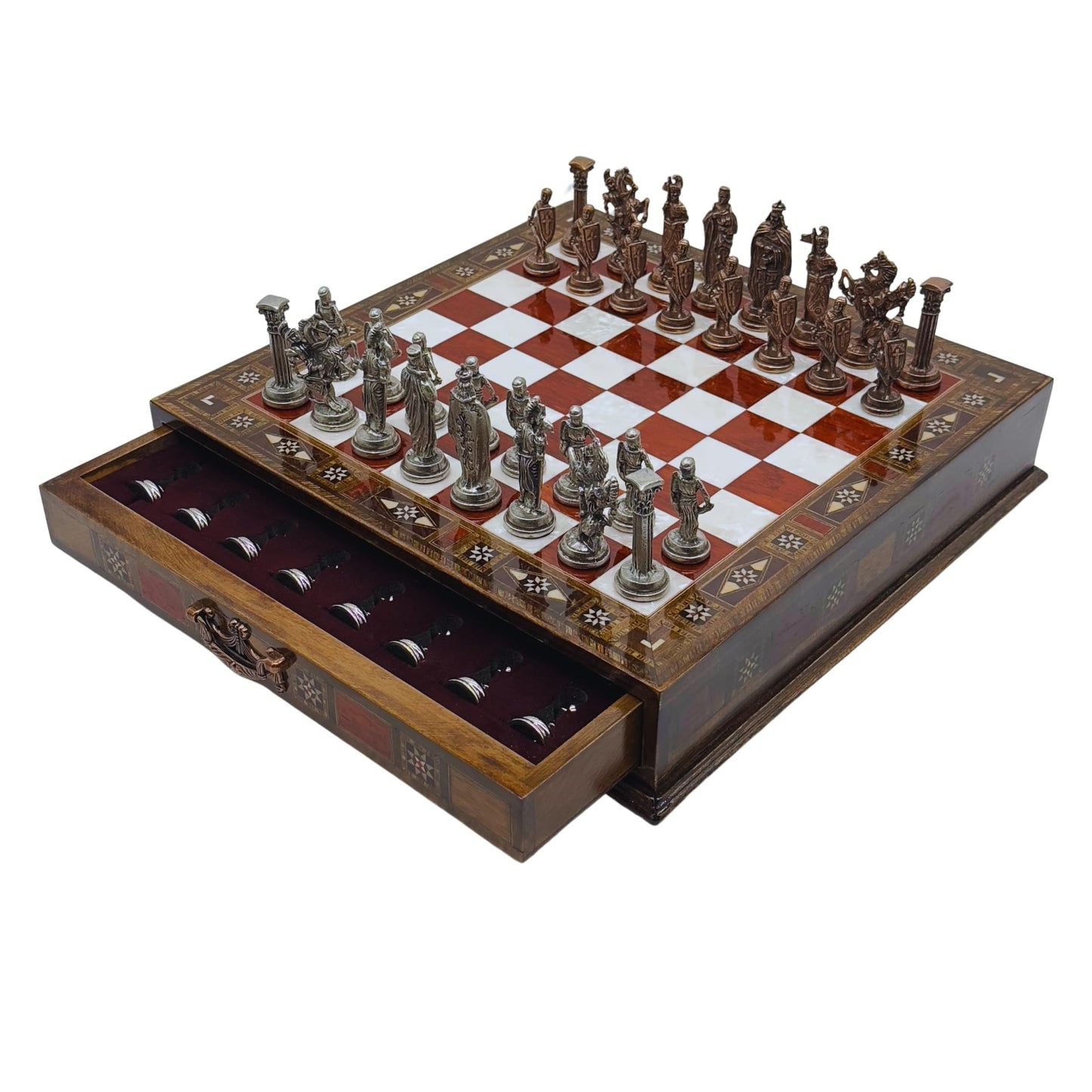 15 Handmade Chess Set With British Army Metal Chess Pieces, Luxury Storage Chess Board, For All Ages, Ideal For Father, (Rose)