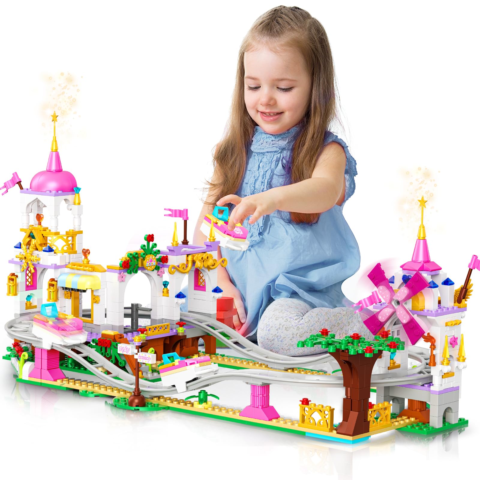 Hogokids Friend Roller Coaster Building Set - 711 Pieces Girls Amusement Building Block Kit Stem Playground Park Pink Construction Birthday Gift Toys For Kids Girls Boys Aged 6 7 8 9 10 11