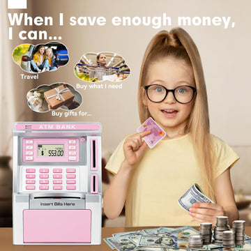 Pink Piggy Bank For Kids, Atm Machine Bank For Real Money With Debit Card, Bill Feeder, Coin Recognition, Balance Calculator, Electronic Savings Safe Box, Gifts For Teen Boy Girl