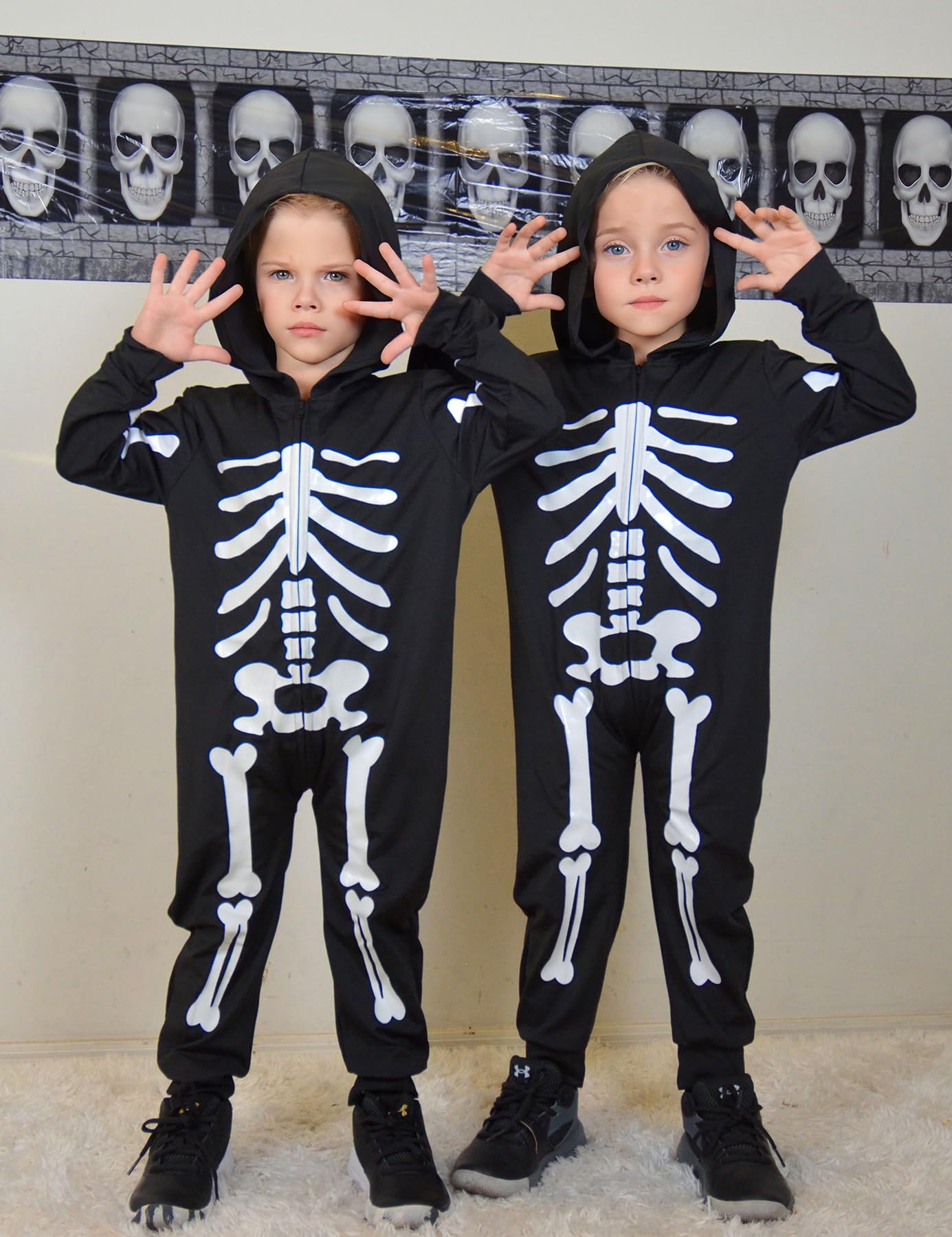 Enlifety Kids Skeleton Costume Boys Girls Glow In The Dark Halloween Jumpsuit With Hood Long Sleeve Funny Cosplay Outfit For Chi