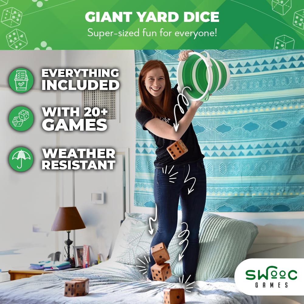 SWOOC Games - Yardzee, Farkle & 20+ Games - Light-Weight Yard Dice Game Set (All Weather) with Collapsible Bucket, 5 Big Laminat