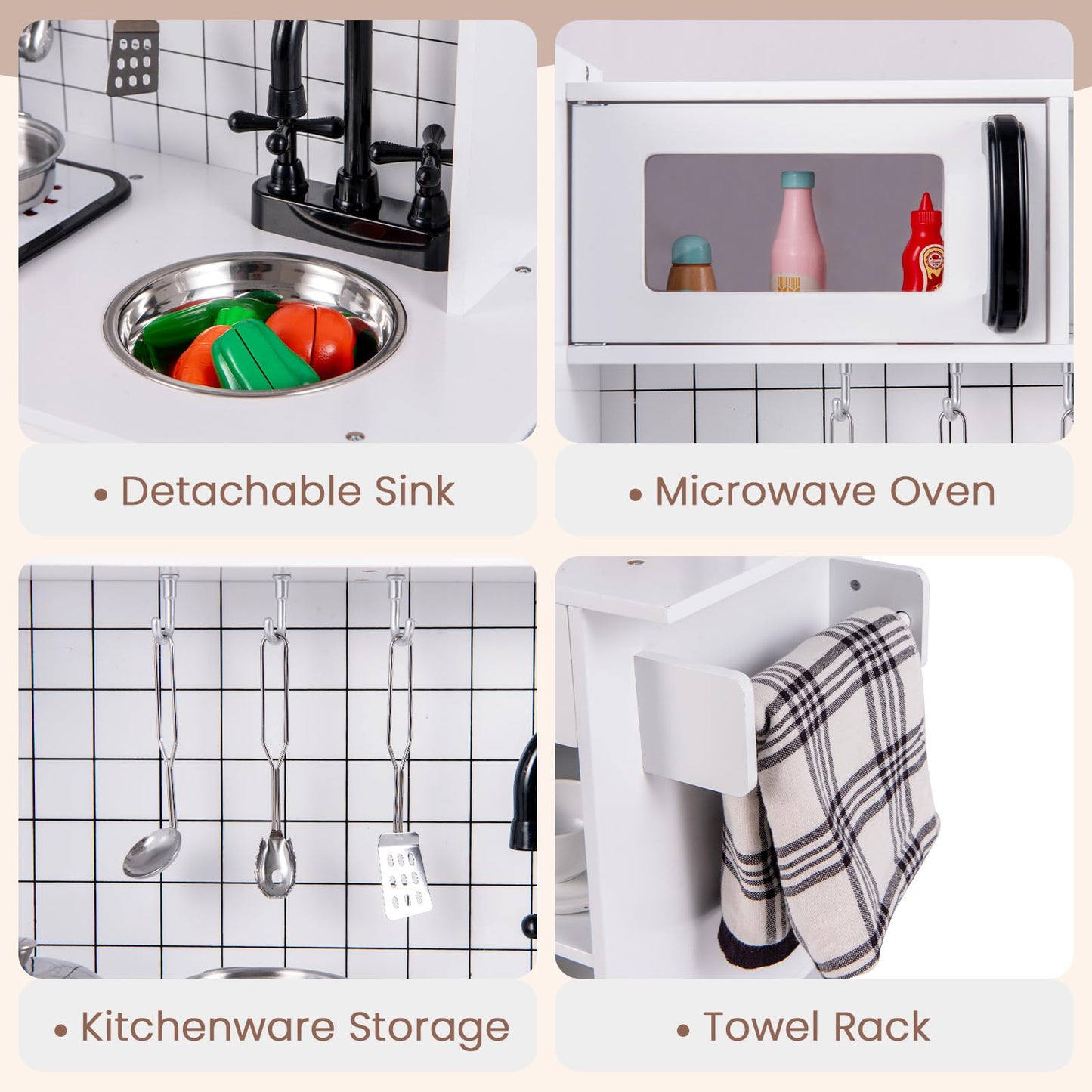 INFANS Play Kitchen for Kids, Wooden Kids Play Kitchen Playset with Realistic Light & Sounds, Pots Pan Microwave Sink, Children