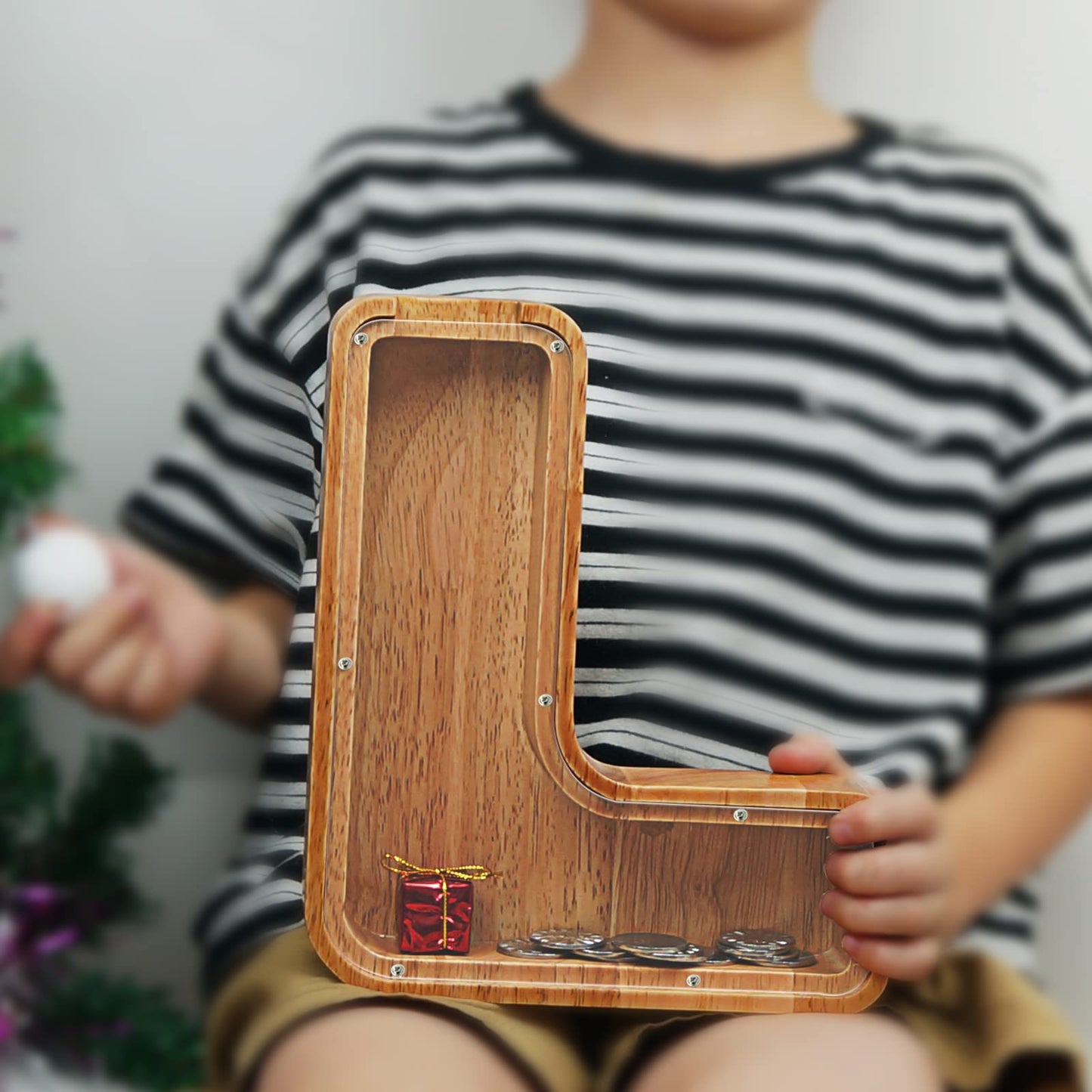Piggy Bank For Kids Boys Girls, Large Personalized Wooden Letter Piggy Bank With Cut-Out Design, Alphabet Letter Coin Banks, Money Savings Box, Wooden Bank For Kids Creative Gift For Real-Money(L)