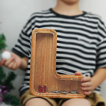 Piggy Bank For Kids Boys Girls, Large Personalized Wooden Letter Piggy Bank With Cut-Out Design, Alphabet Letter Coin Banks, Money Savings Box, Wooden Bank For Kids Creative Gift For Real-Money(L)