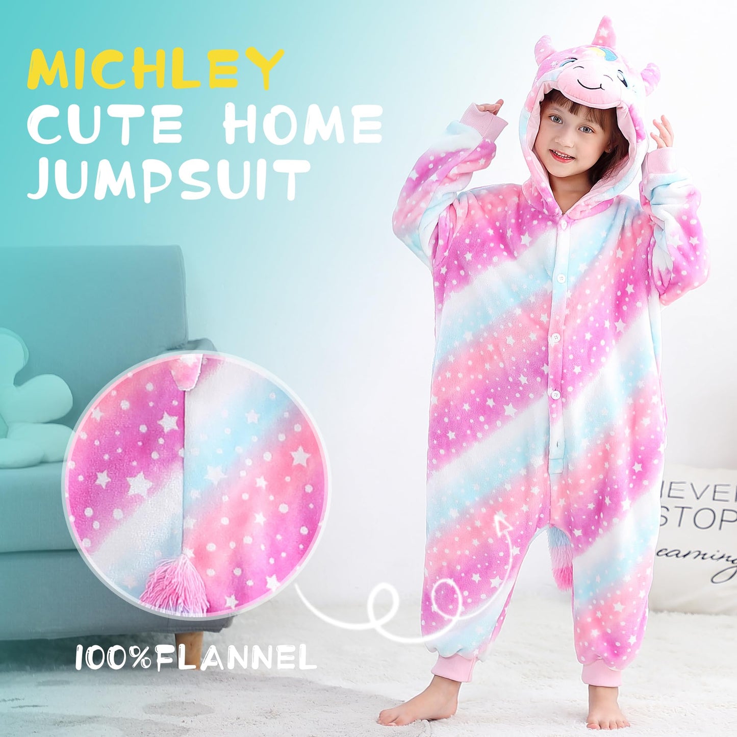Michley Animal Hooded Romper Kids Flannel Halloween Cosplay Pajamas Costume 3-12T For Autumn Winter, Unicorn, 9-10T, Size130