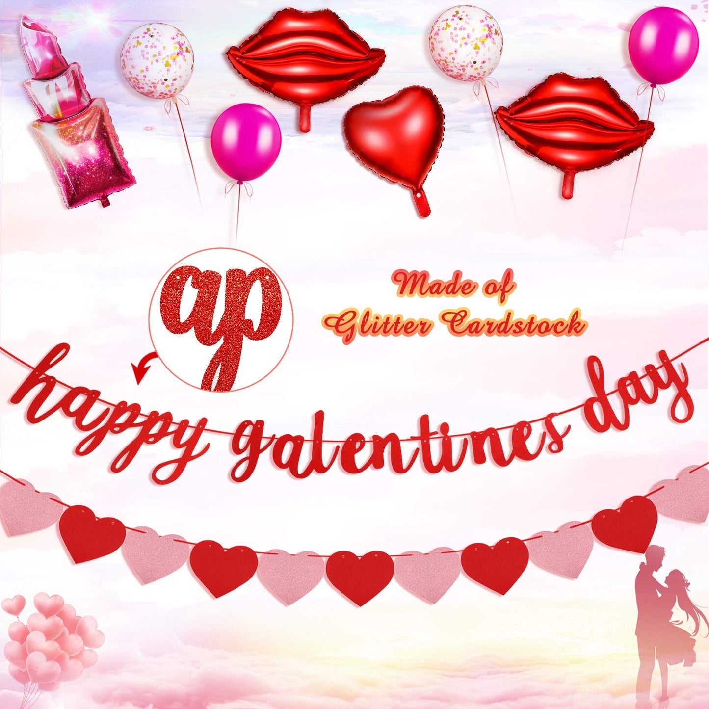 Sumind Happy Galentines Day Decorations Happy Galentines Day Banner Pink Red Heart Banners and Red Lips Lipstick Heart Balloon