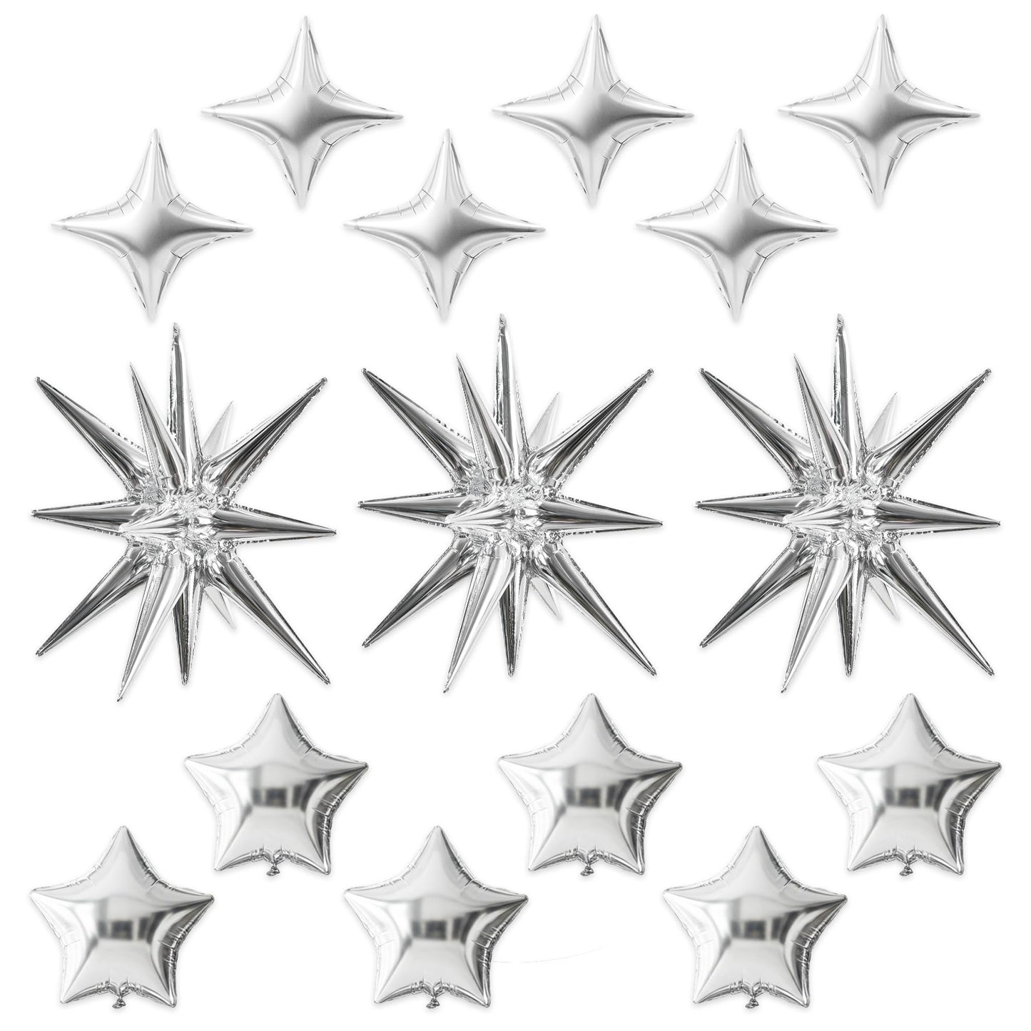 TONIFUL 22Inch 15Pcs Silver Large Explosion Star Mylar Balloons and 10Inch Four Pointed Star Balloons Set for Christmas New Year