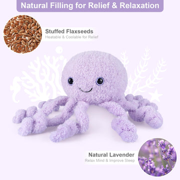 Suzzipals Microwavable & Coolable Octopus Plush, Lavender Octopus Stuffed Animals, Microwave Heating Pad Plushies For Soothing &