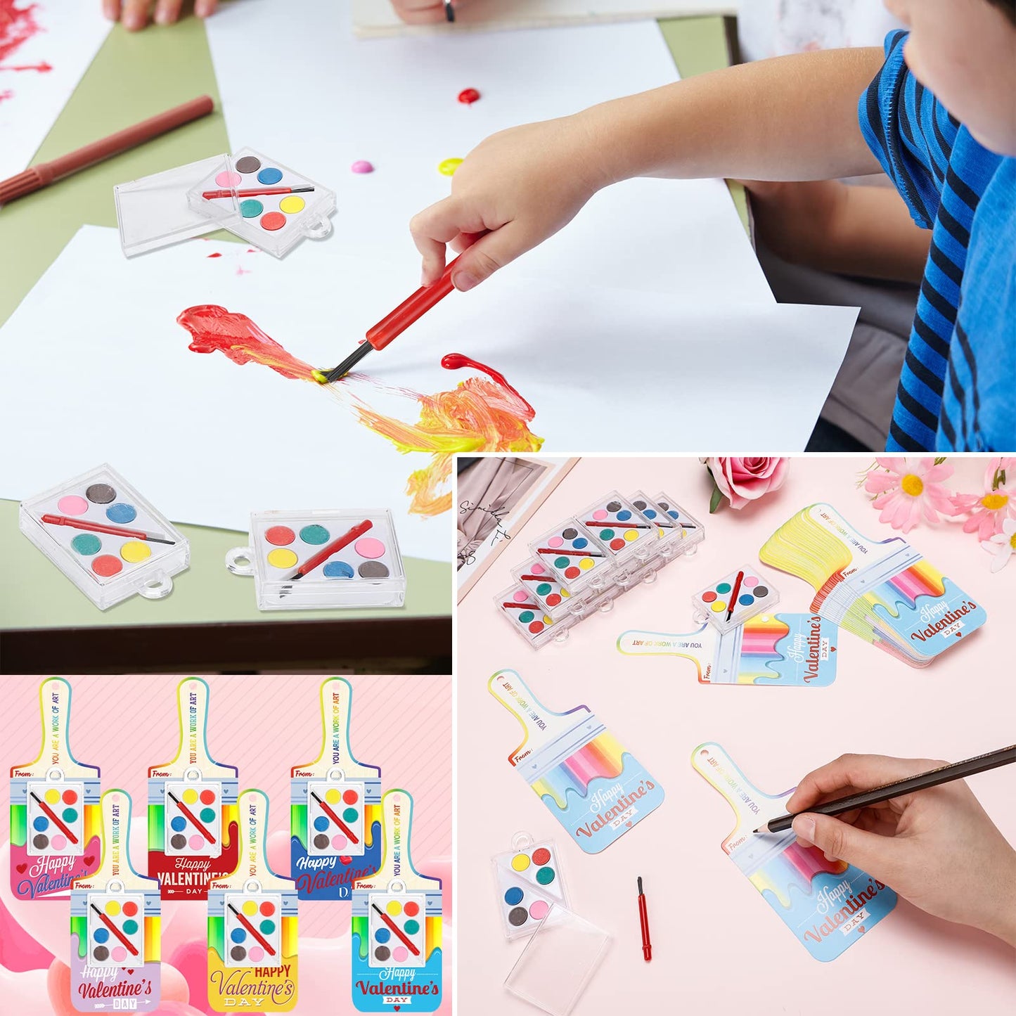 Woanger 48 Pack Valentines Cards with Watercolor Paint Bulk Valentines Day Gifts for Kids Mini Paint Set Funny Valentine Exchang