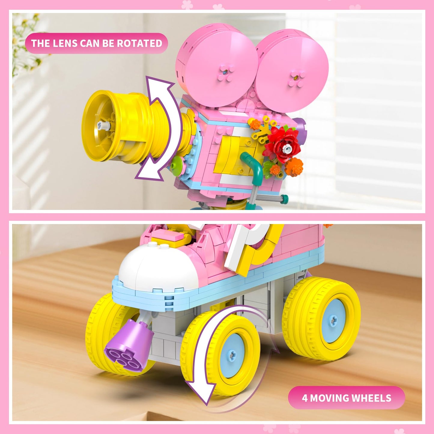 Mov stone 3-in-1 Creator Building Set, 520 Pcs, Pink, Model KB7159, Compatible with Lego, Includes Roller Skate, Heart Bear, Movie Projector