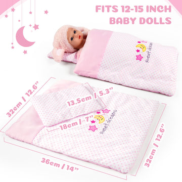 Babeside 2 Pcs Baby Doll Bedding Set For 12-15 Inch Dolls, Pink Polka Dot Baby Doll Blanket And Pillow Set With Cute Moon & Star