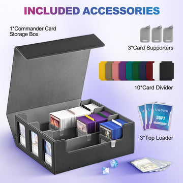 Uaono Card Storage Box For Trading Cards, 1800+ Commander Deck Box For Mtg With Display Window, Toploader Card Case Fits Magic Tcg Ptcg Sports Cards; 10 Removable Divider Tabs, 3 Stoppers (Black)