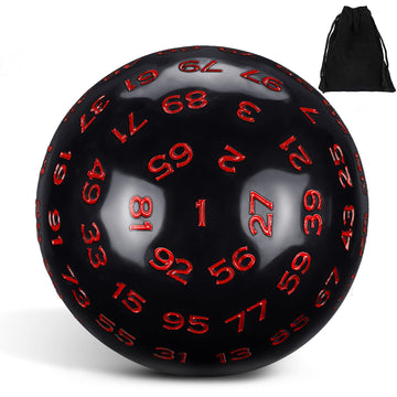 Sumind Single 100 Sided Polyhedral Dice D100 Game Dice 45 mm 100 Sided Cube with Black Pouch(Black Base with Red Numbers)