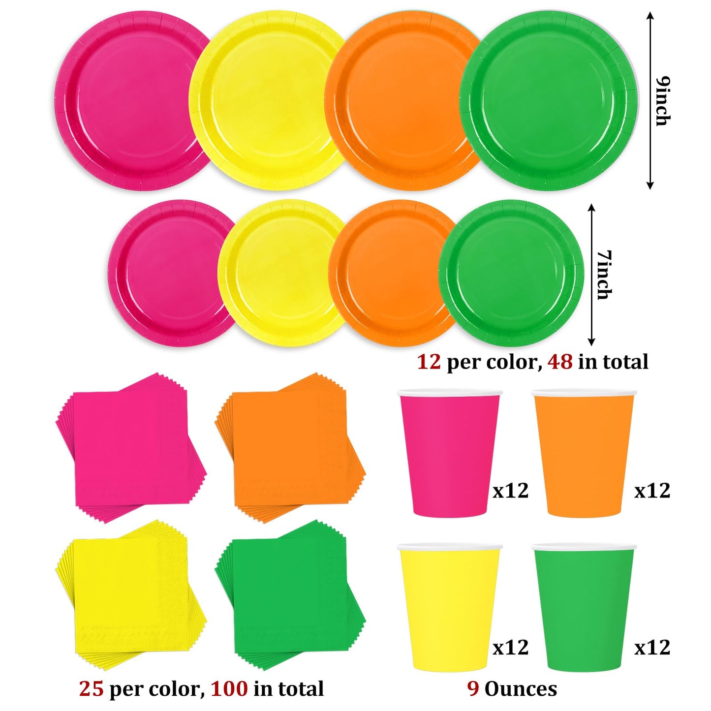Whaline 244Pcs Neon Tableware Set Serves 48 Bright Color Disposable Dinnerware 48 9 Plates 48 7 Plate 48 9oz Cups 100 Napkins fo