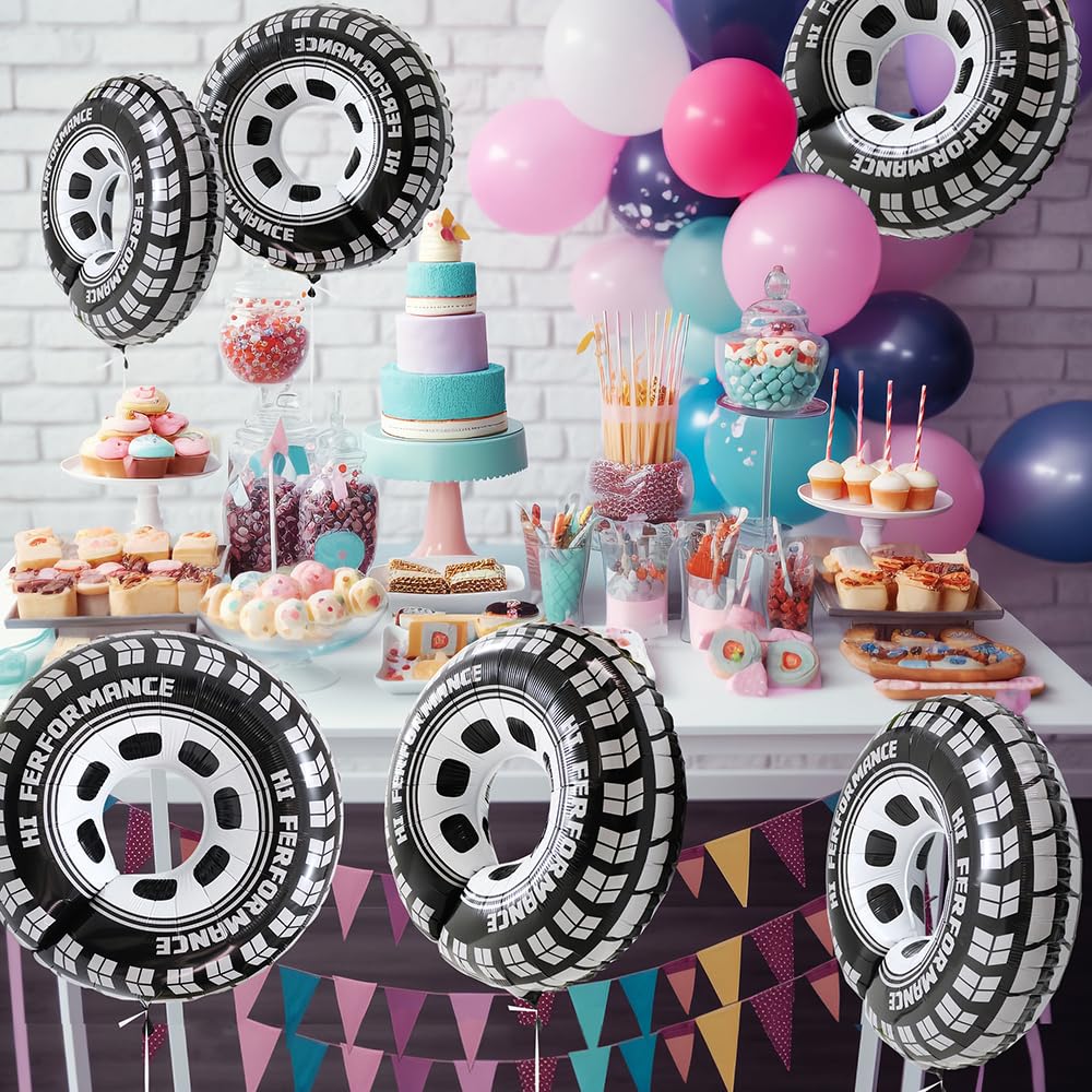 Deermon 30 Inch Black Car Wheel Tire Party Balloons, Classic Large Racing Car Hot Wheels Mylar Foil Balloon For Men and Boys Rac