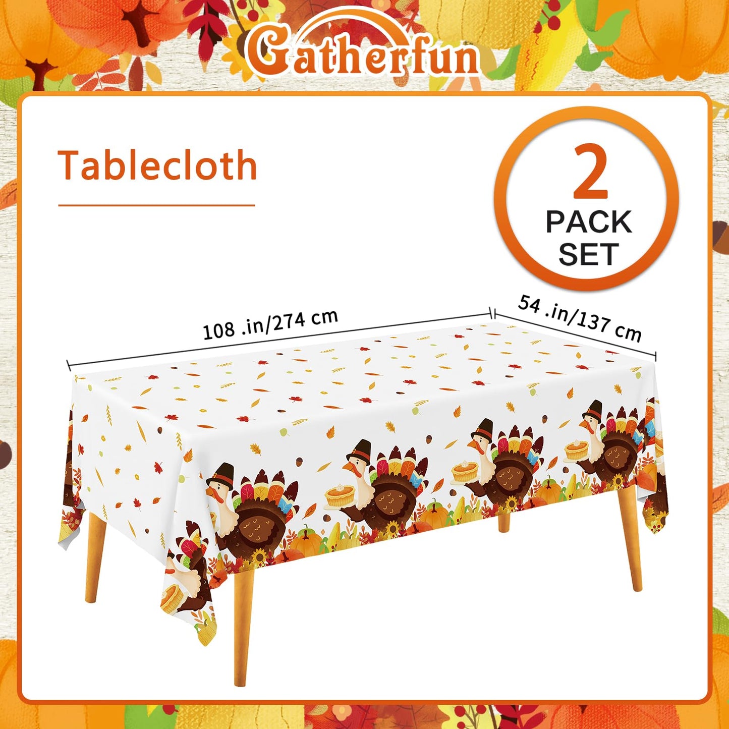 Thanksgiving Turkey Party Supplies - 2 Pack Disposable Plastic Tablecloth, 54   x108    Table Cover Ideal for Autumn and Thanksg