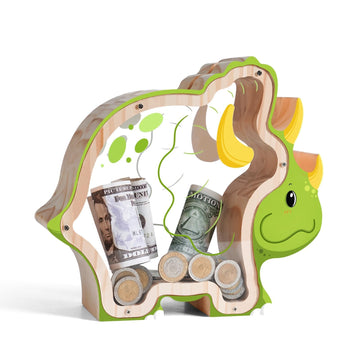 Wooden Dinosaur Triceratops Piggy Bank for Kids Money Coin Bank, Unbreakable Piggy Bank DIY Personalizable Kids Safe Money Box w