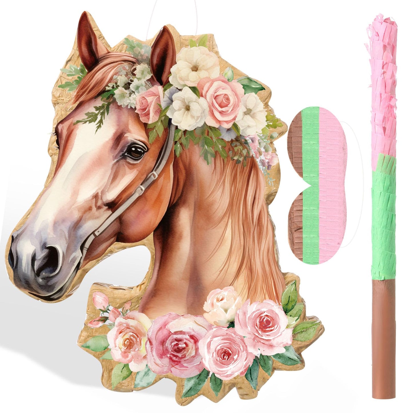 Pajean Horse Piata Decoration Cowgirl Western Piata with Stick Blindfold Photo Prop Gift Holder for Girls Kids Bridal Shower Bir