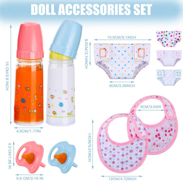 Shappy 10 Pcs Baby Doll Accessories Set Include Disappearing Milk And Juice Bottles, Pacifier, Bibs, Diapers, Baby Doll Feeding Set, Toy Bottles For Dolls For Girls Christmas Birthday Gift