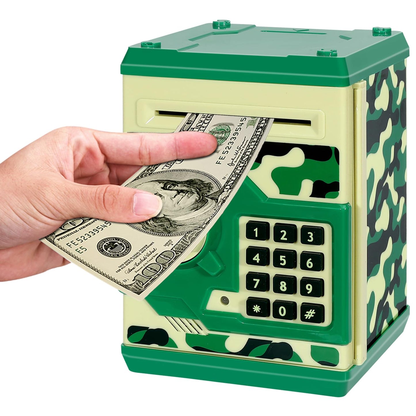 Renvdsa Cartoon Electronic Atm Password Piggy Bank Cash Coin Can Auto Scroll Paper Money Saving Box Gift For Kids (Green Camouflage)