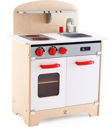 Hape Gourmet Kitchen Toy Fully Equipped Wooden Pretend Play Kitchen Set with Sink  Stove  Baking Oven  Cabinet  Turnable Knobs & Spice Shelf  White