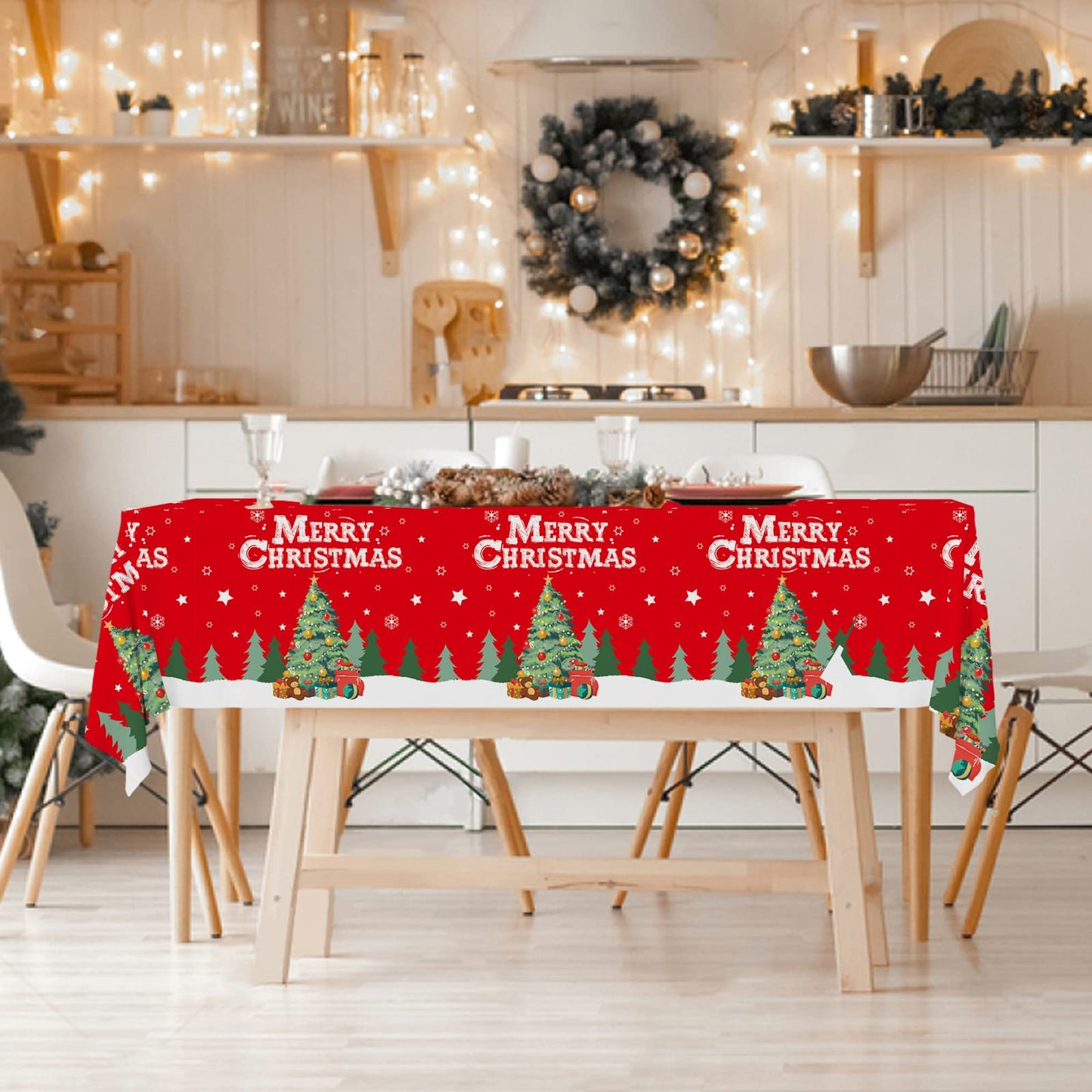Gatherfun Christmas Table Decorations Christmas Tree Disposable Tablecloth Waterproof Plastic Rectangular Table Cover for Merry