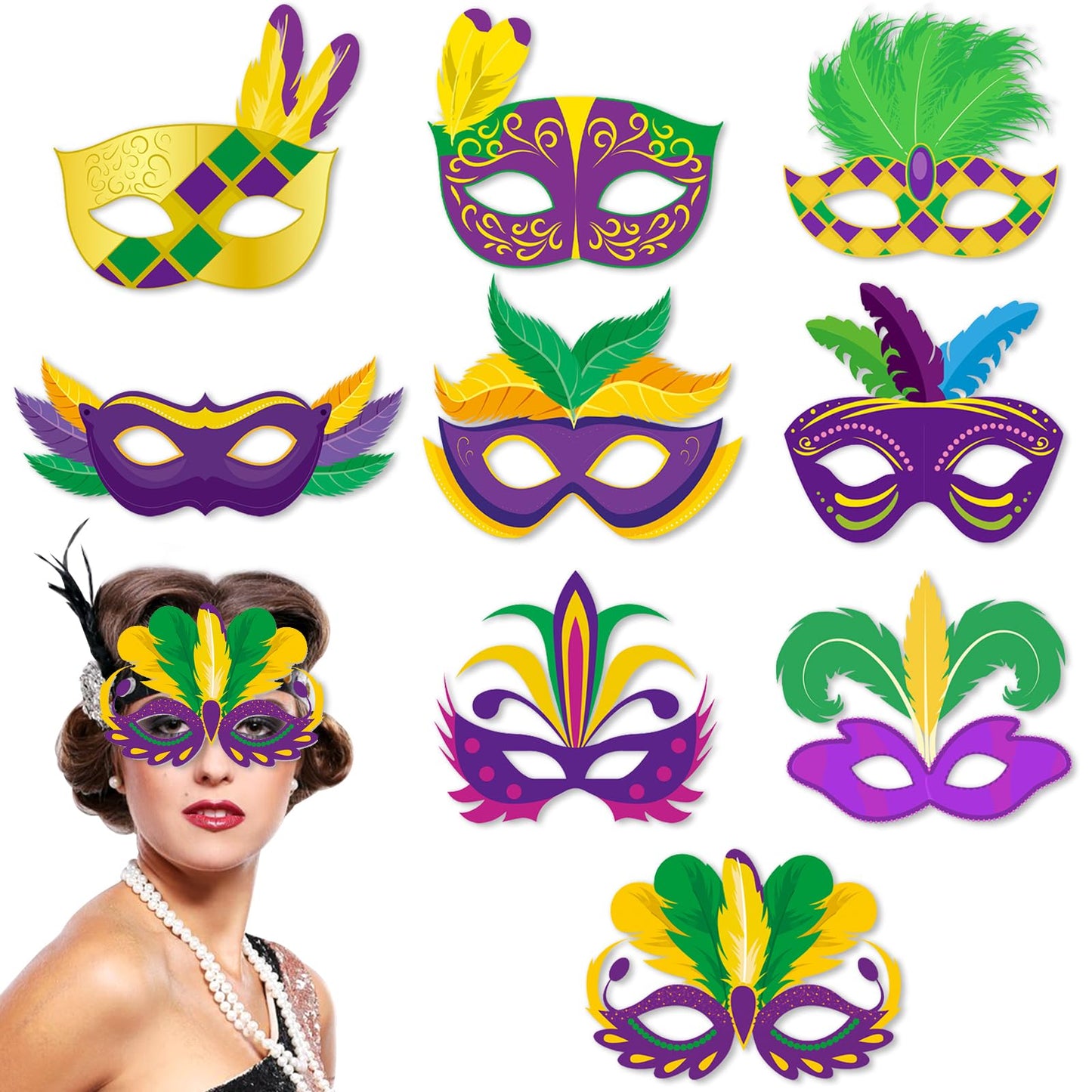 9 Pack Mardi Gras Paper Masks Carnival Parade Face Masks Colorful Cardboard Masks For Mardi Gras Costume Dress Up Accessories Ma