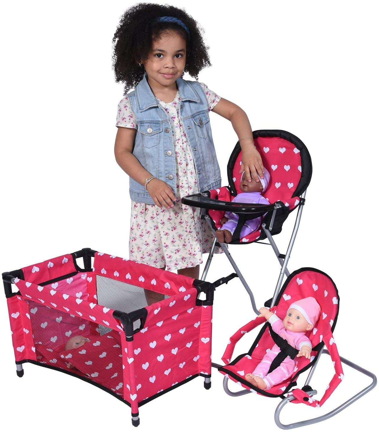 The New York Doll Collection Mega Play Set for 18-Inch Dolls, Pink Hearts, Includes High Chair, Doll Bouncer & Pack N Play, Model A178