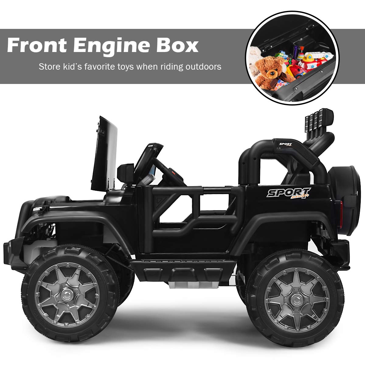 Costzon 2-Seater Ride On Truck, 12V Battery Powered Electric Vehicle Toy W/Remote Control, 3 Speed, Led Lights, Mp3, Horn, Music, 2 Doors Open, Spring Suspension, Ride On Car For Kids (Black)