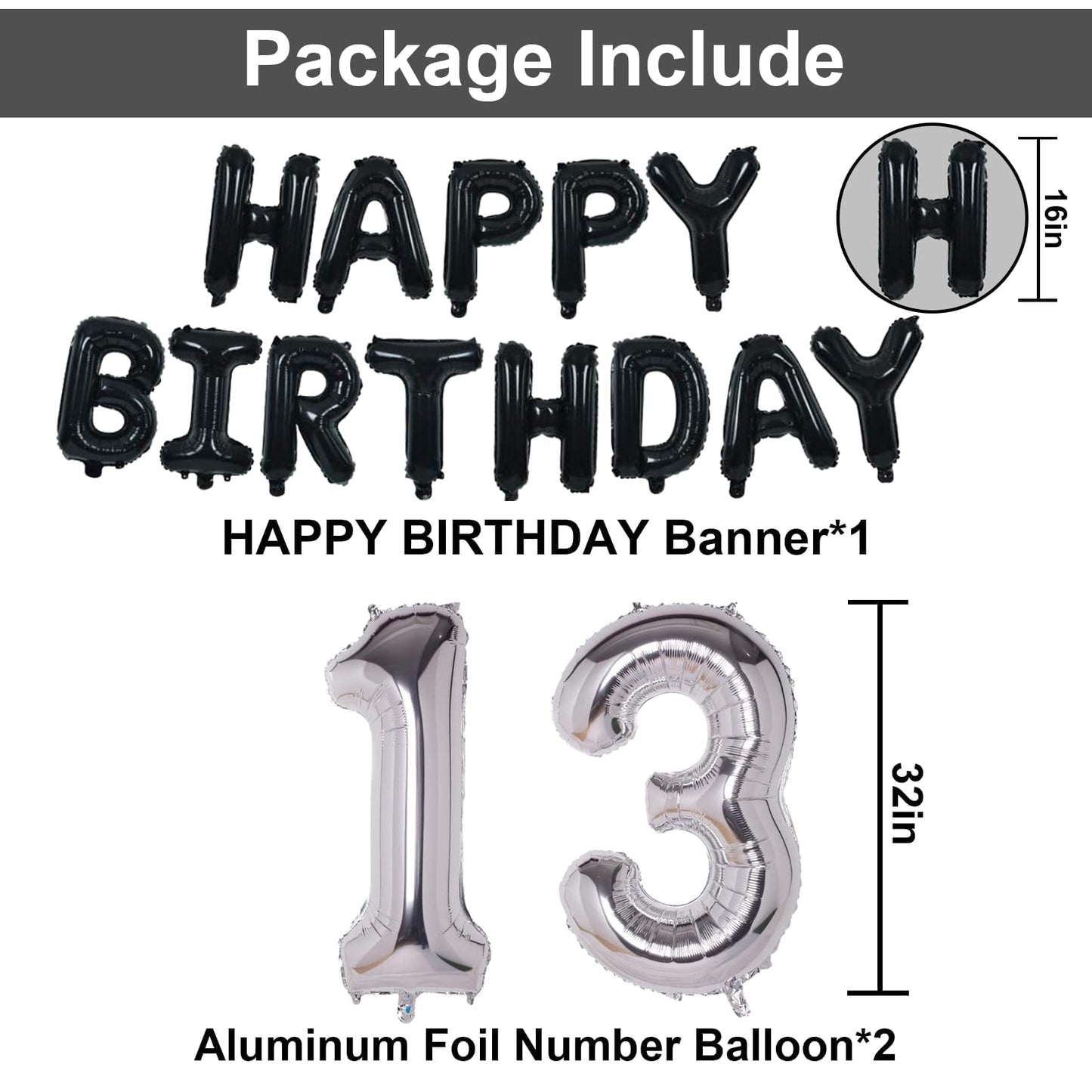 Naninuneno 13Th Black Silver Birthday Party Decorations For Boys Girls, Happy 13 Birthday Party Supplies With Black Happy Birthd