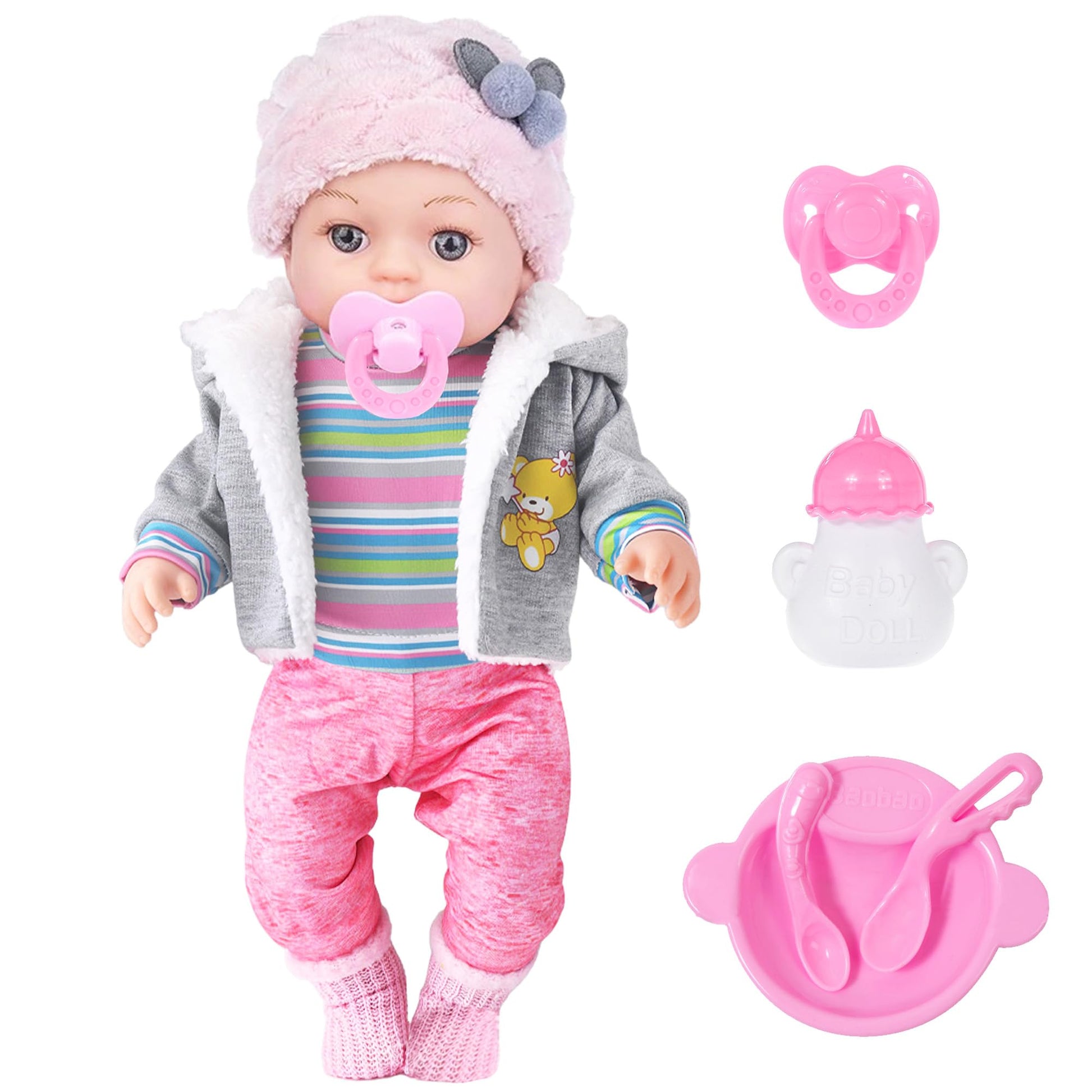 dollbie 12 Inch Baby Doll - 12 Lifelike Baby Doll with 3-Piece Outfits  4 Accessories & Feeding Playset - Realistic Rosy Cheeks & Blue Eyes  for Kids