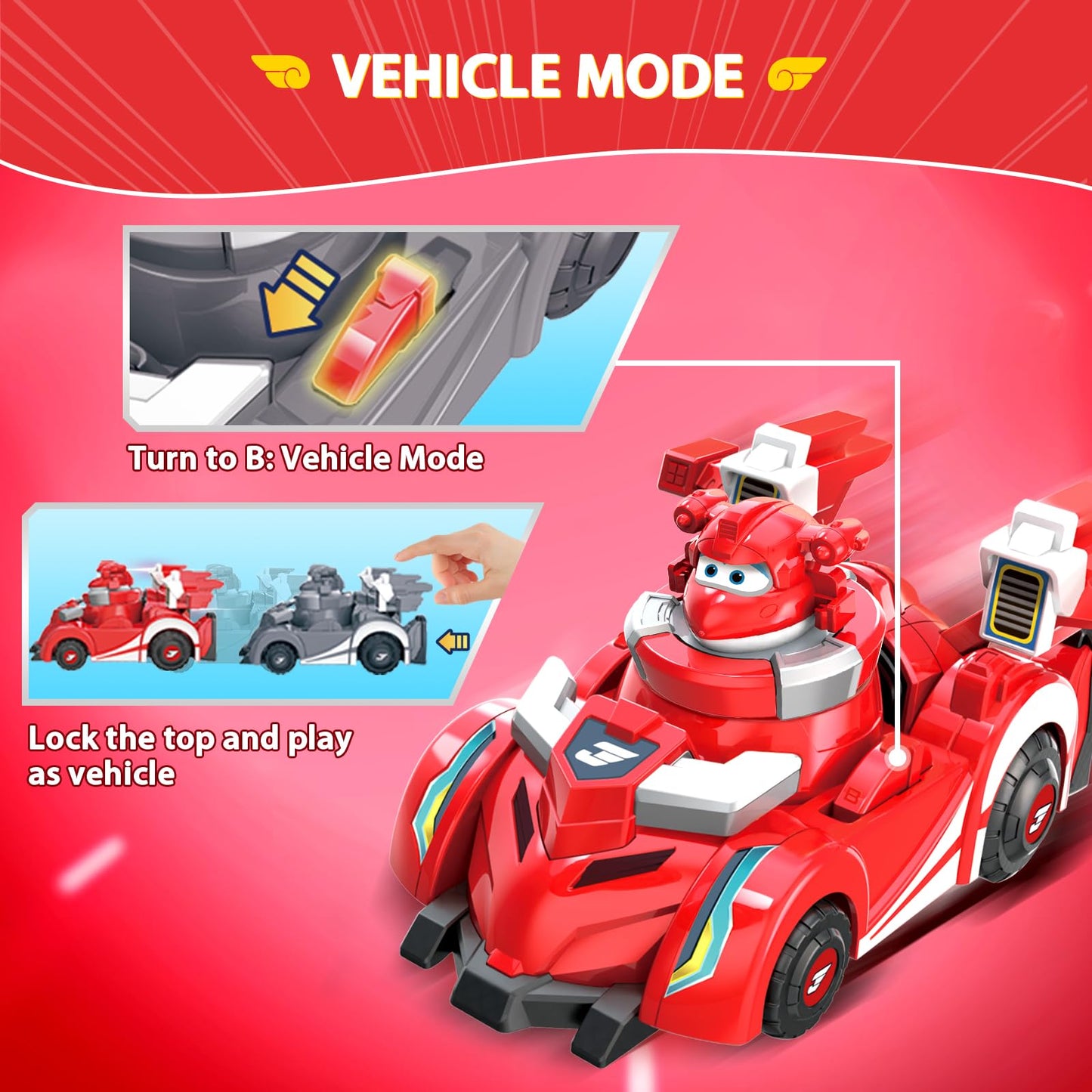 Super Wings Race Car Toys, 5 in Jett Spinning Tops and Race Car Toys for Kids, 2-in-1 Mode Vehicle Toys Cars for 3 4 5 6 7 8 Yea