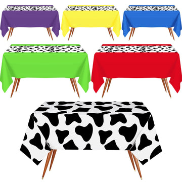 Hosuly 6 Pcs Cow Print Tablecloth Kids Birthday Party Plastic Tablecloth Set 54 x 108 Table Cloth Solid Rectangular Table Cove