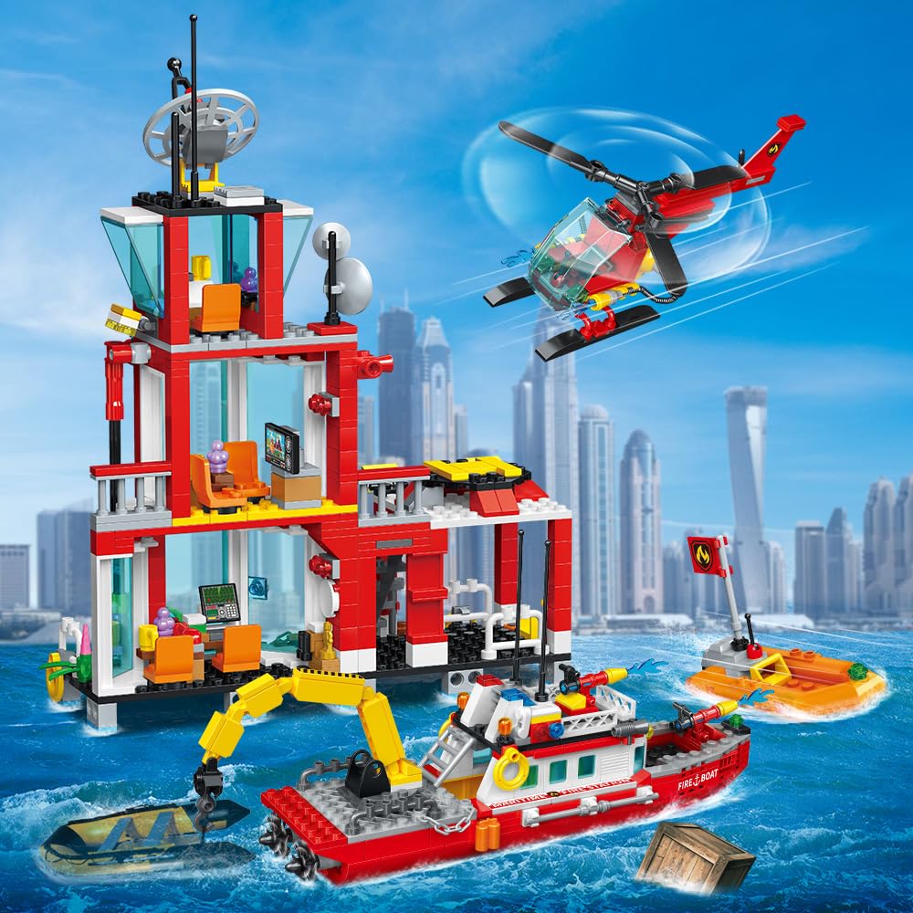 City Marine Fire Station Building Sets,740Pcs Stem Toys Building Blocks Gift For Boys 6+ (Compatible With Lego)