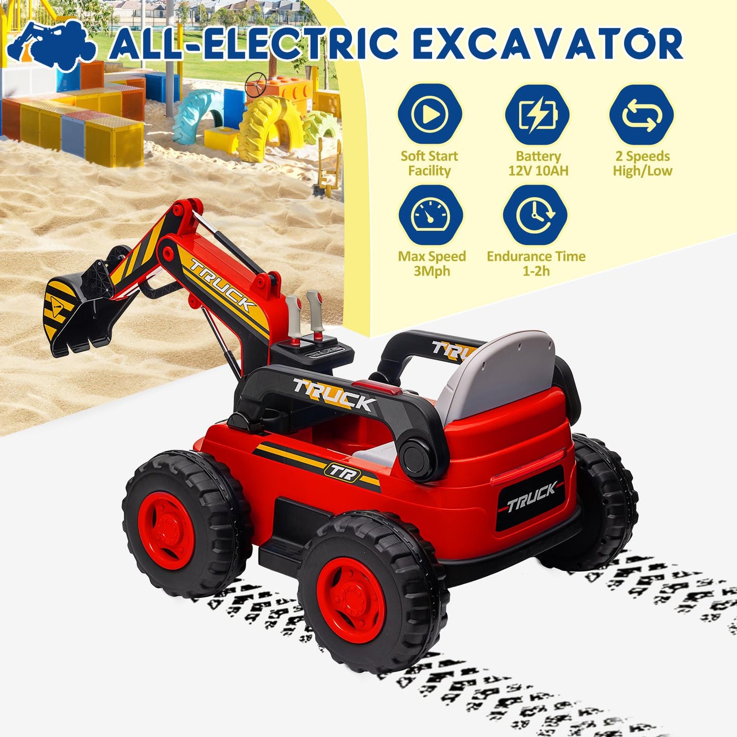 Hetoy Ride On Excavator for Kids, 4WD Electric Excavator Toy, 12V Battery Powered Construction Truck Digger with Remote Control.