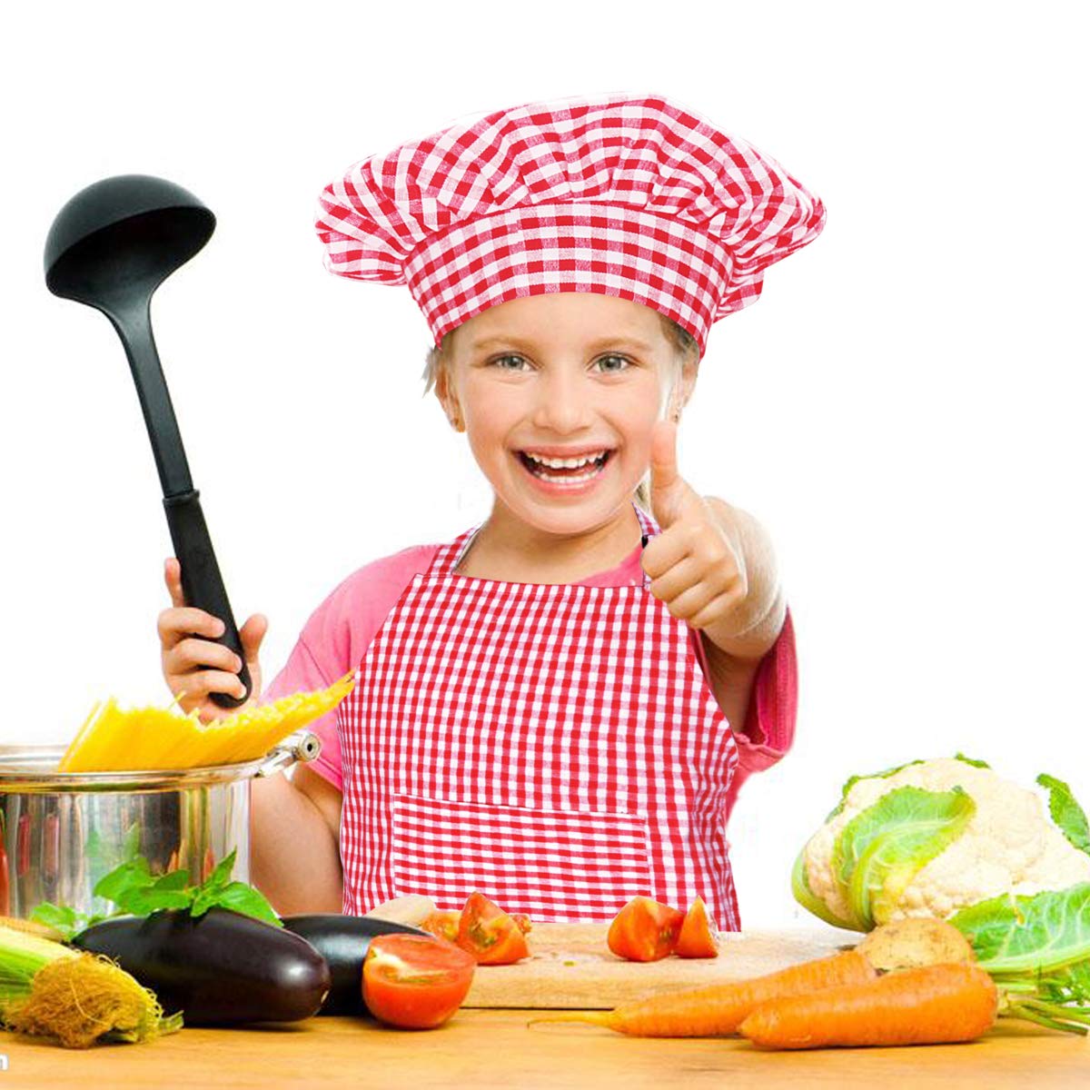 Kids Chef Hat Apron Set, Cute Children Baby Baking Gingham Aprons with Adjustable Neck Strap and Pockets for Boys and girls Cook