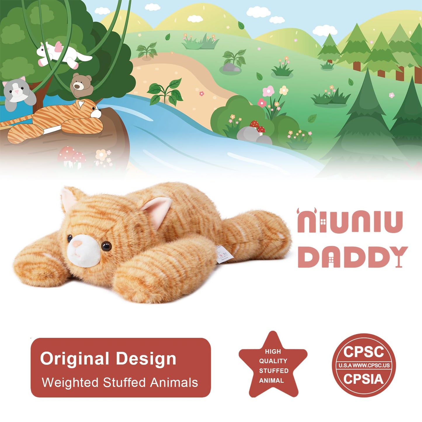 Niuniu Daddy 20'' | 3.3 Pound Weighted Cat Stuffed Animals For Adults, Orange Cat Plush Toy For Toddler Teens Kids, Large Orange