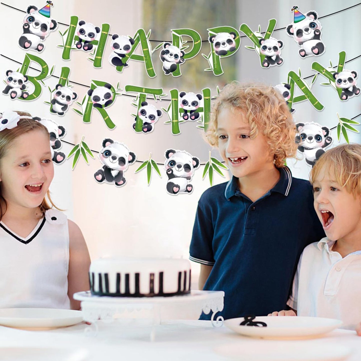 Zwiebeco Birthday Party Decoration Supplies Green Black White Happy Birthday Sign Banner Bamboo Leaves Pandas Banner Hanging Pap