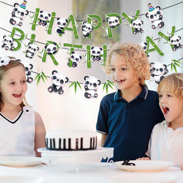 Zwiebeco Birthday Party Decoration Supplies Green Black White Happy Birthday Sign Banner Bamboo Leaves Pandas Banner Hanging Pap