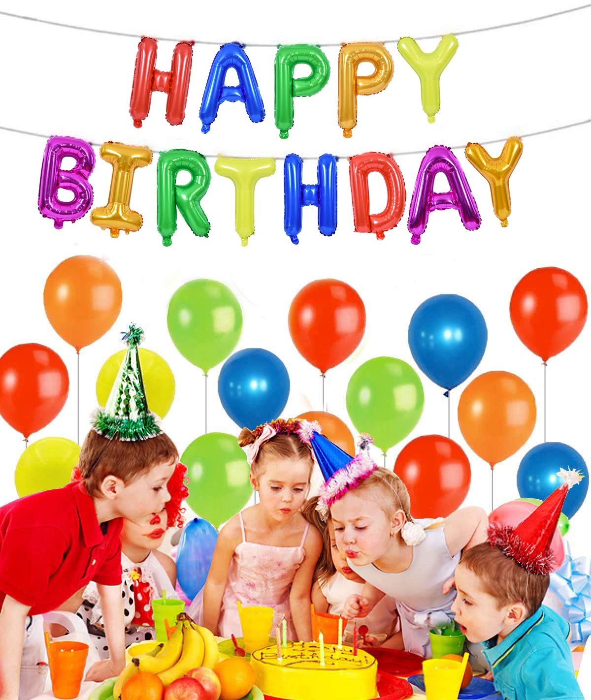 TONIFUL 7 Color Rainbow Happy Birthday Balloons Banner, 16 Inches Colorful Mylar Foil Letter Sign Balloons Banner Bunting for Gi