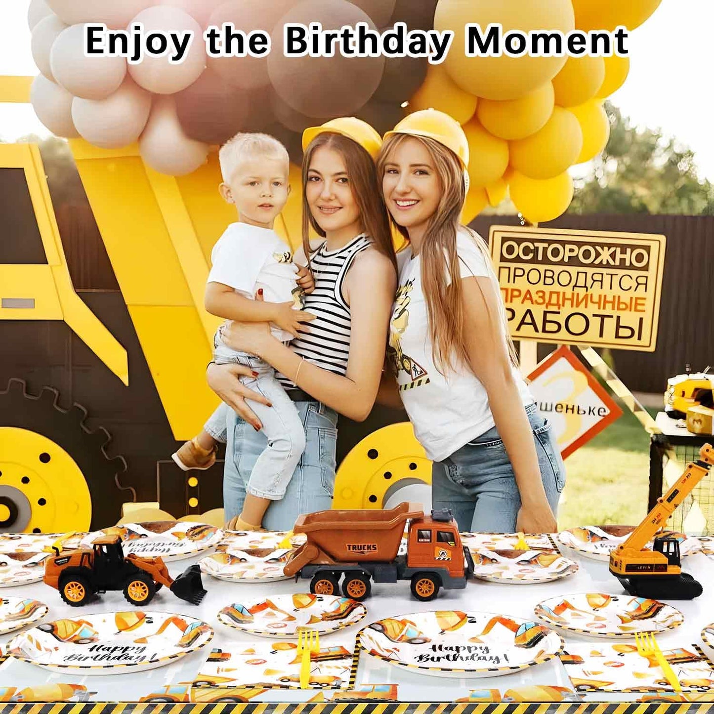 Construction Theme Birthday Party Decorations Plates Set 25 Guests,100 Pcs Plates Napkins Forks Boys Kids Construction Excavator