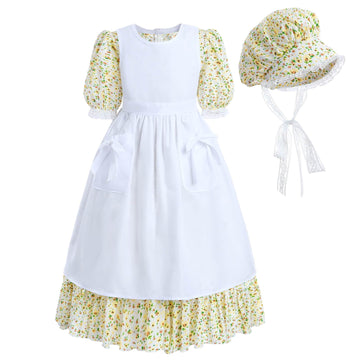 Nuoqi Colonial Costume Girls, Yellow Prairie Dress Girls Pioneer Dress Costume With Apron 10-12