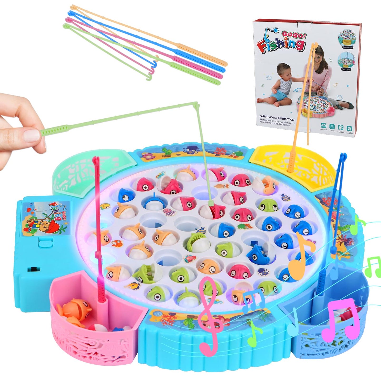 QuadPro Magnetic Fishing Games Set - Educational Toddler & Kids Fishing Toys | 45 Fish  8 Poles  Rotating Board with Music & LED | Ideal Go Fish Toy for Fun!