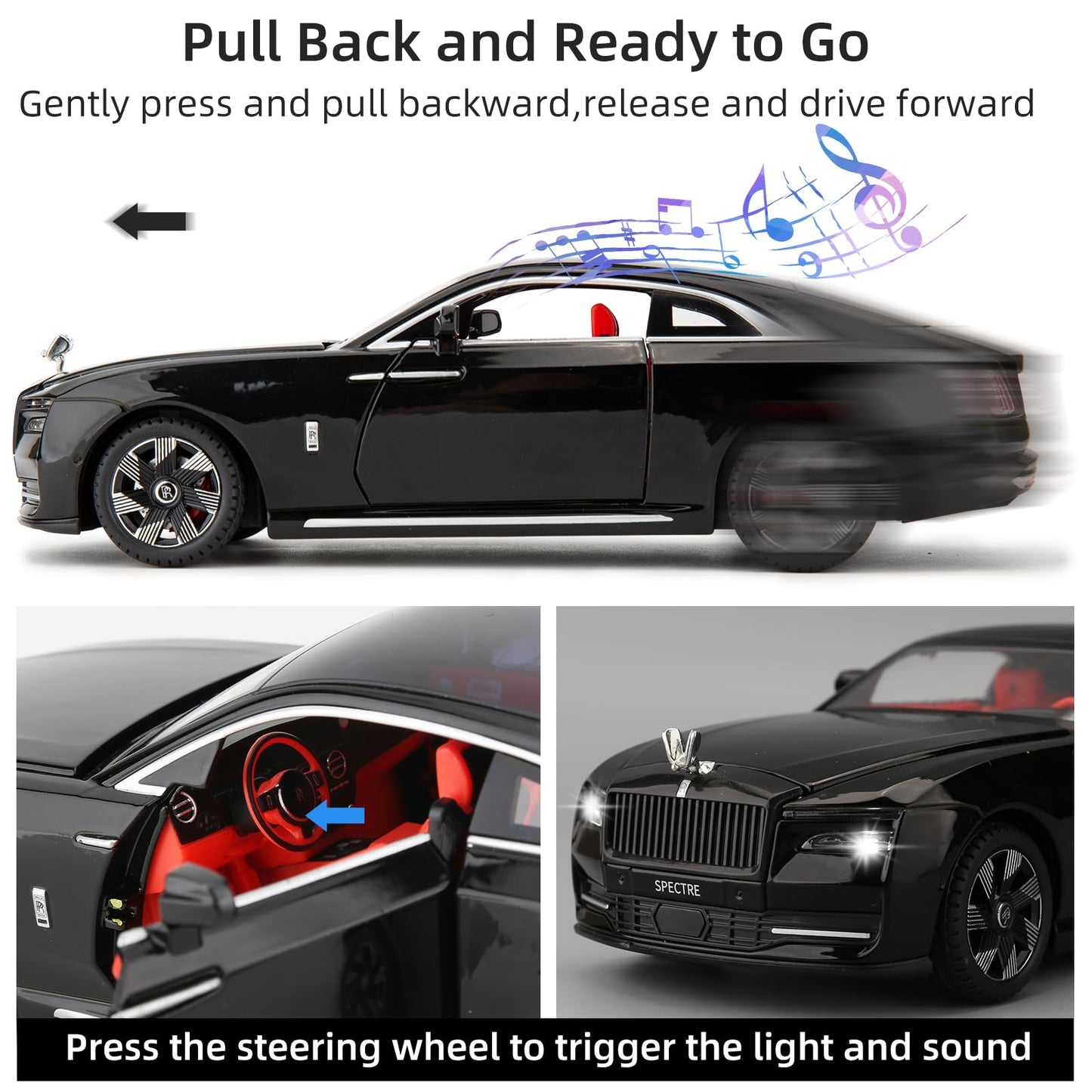 BDTCTK Compatible for 1:24 Rolls Royce Spectre Model Car, Diecast Collectible Pull Back Toy Car with Sound and Light for Adults