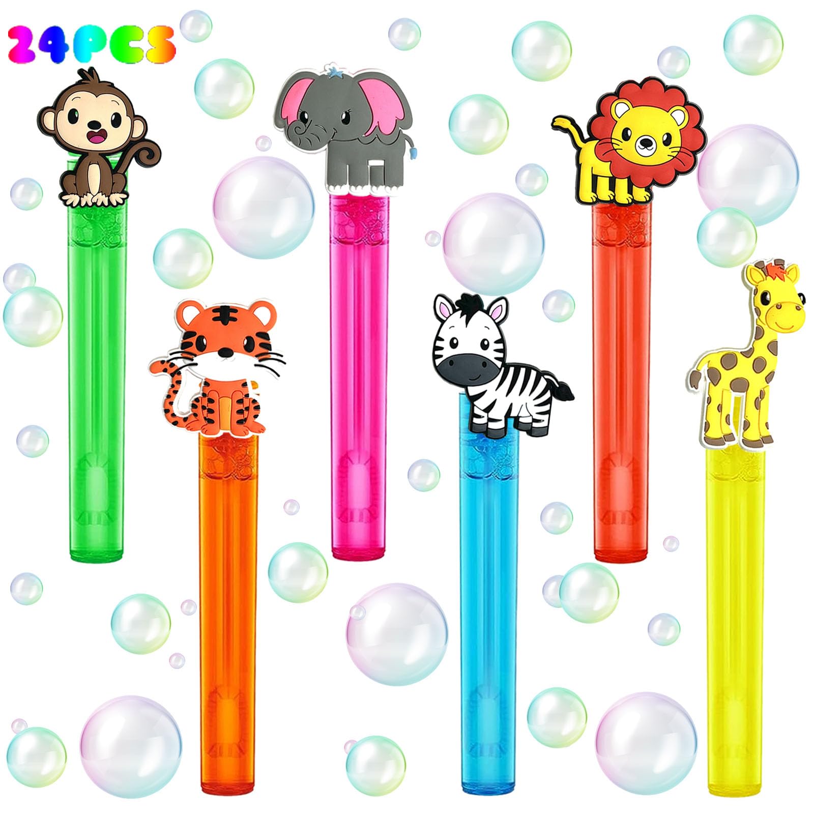Uoyoi Jungle Safari Party Favors,24Pcs Wild Animals Bubble Wands For Kids,Zoo Bubble Wand For Safari Wild One Birthday Party Sup