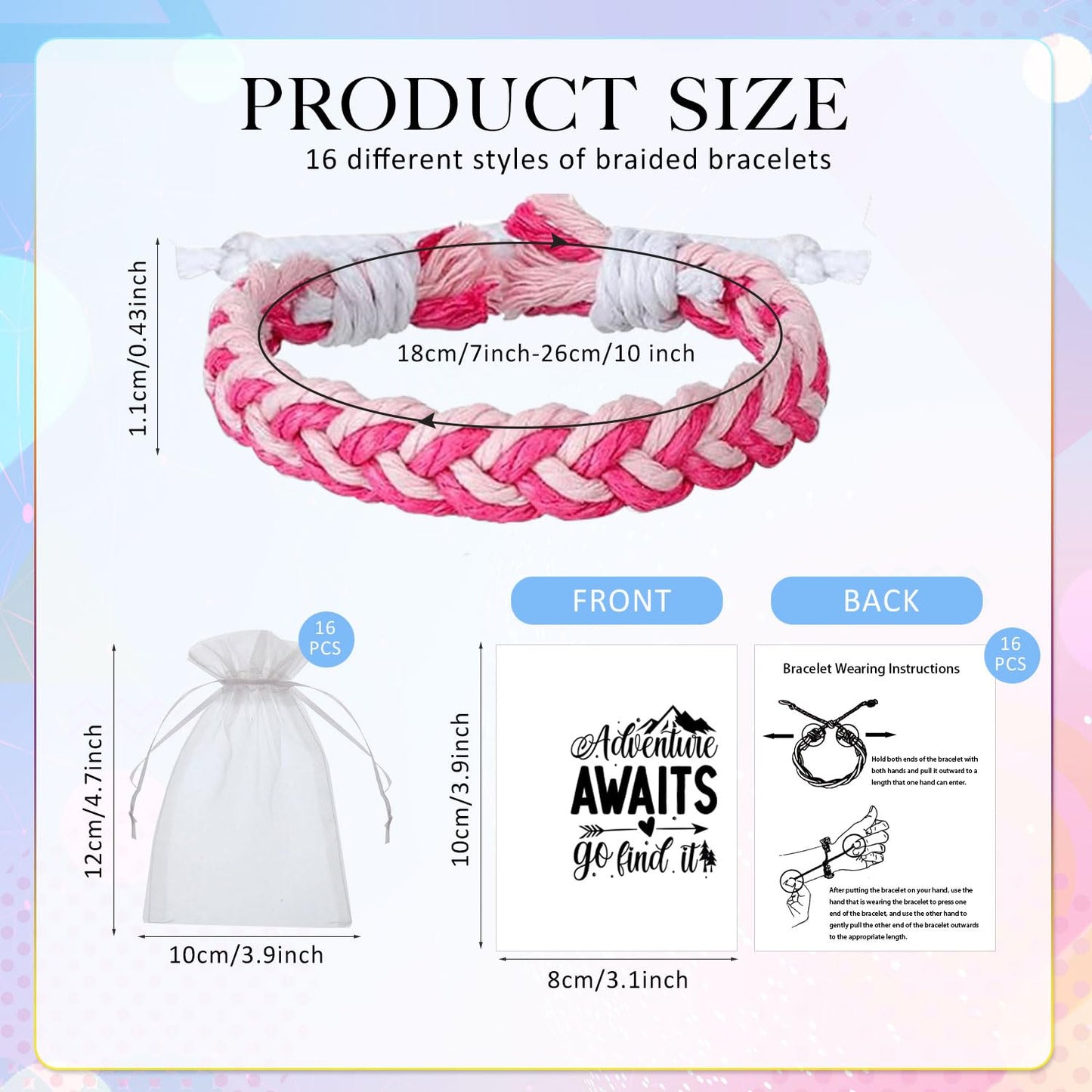 16 Set Friendship Bracelet Party Favors Braided Friendship Bracelets With Cards Adjustable Woven Friendship Bracelets Handmade B
