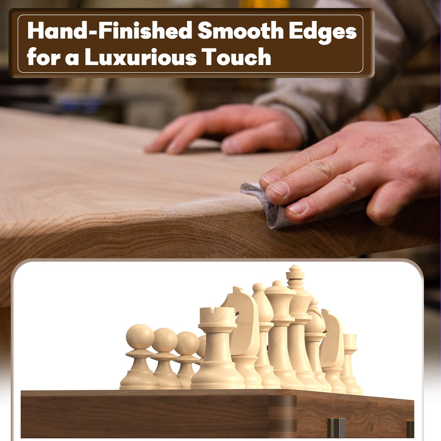 Premium Natural Walnut 15'' Magnetic Wooden Folding Chess & Checkers Set- 2 In 1 Board Game With 3'' King Staunton Pieces And 2